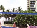  Lovely ladies play two kinds of balls on the beach 